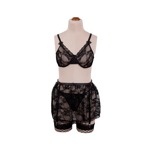 ست لباس زیر زنانه تور و گیپور شورت، سوتین، دامن و جوراب