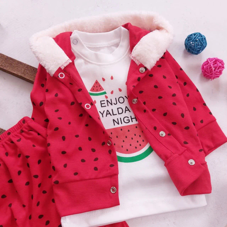 ست سه تیکه سویشرت دار هندوانه ای نوزادی | لباس یلدایی کودک | پنبه دورو | سایز 6 تا 24 ماه