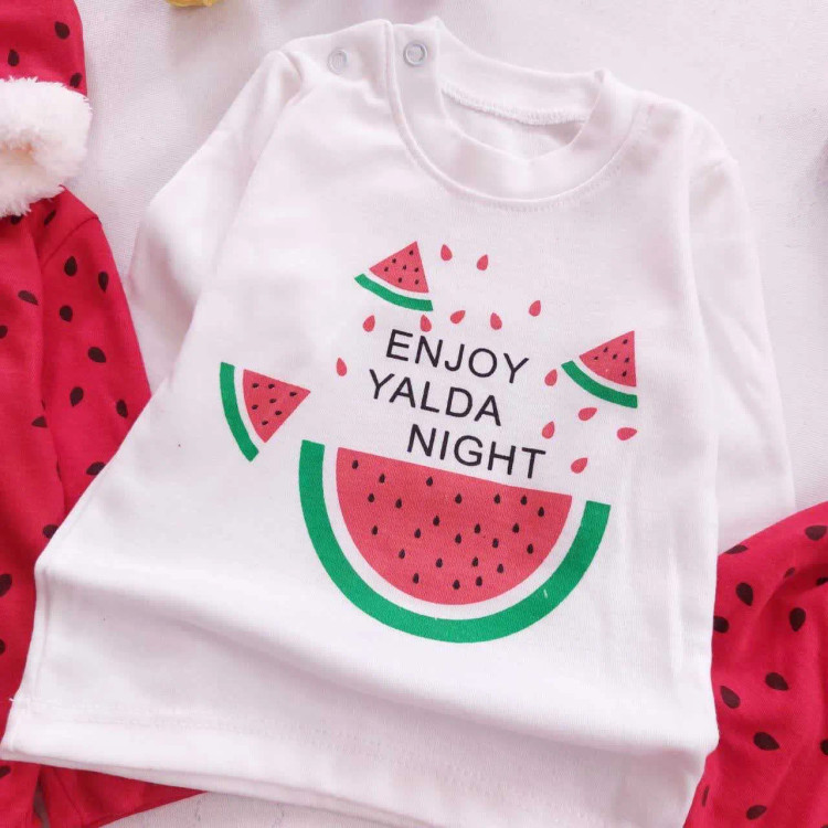 ست سه تیکه سویشرت دار هندوانه ای نوزادی | لباس یلدایی کودک | پنبه دورو | سایز 6 تا 24 ماه