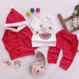 ست سه تیکه سویشرت دار هندوانه ای نوزادی | لباس یلدایی کودک | پنبه دورو | سایز 6 تا 24 ماه