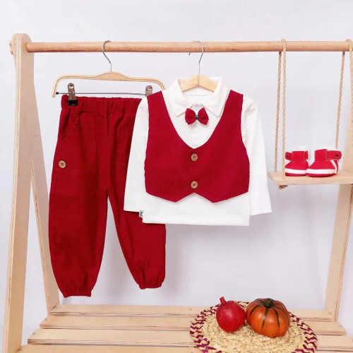 بلوز طرح جلیقه و شلوار مخمل یلدایی کودک مهبد سایز 12 تا 36 ماه