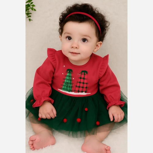 پیراهن دخترانه کریسمس | لباس مجلسی نوزاد و کودک | سایز 6 ماه تا 3 سال