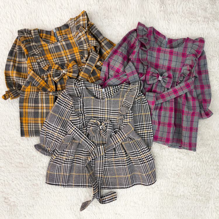 پیراهن کشمیر چهارخونه پاپیونی دخترانه بچگانه 1 تا 4 سال