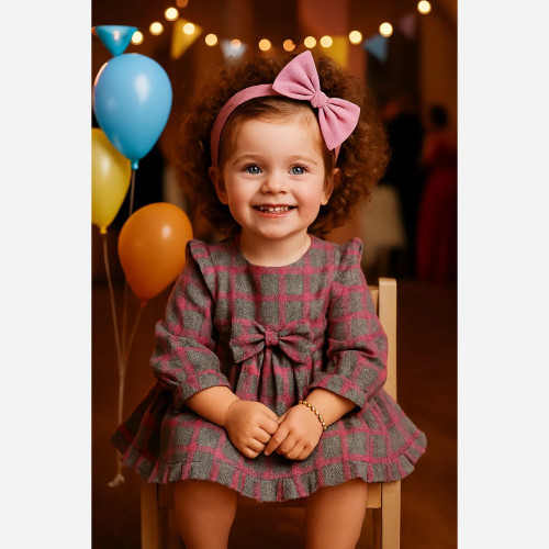 پیراهن کشمیر چهارخونه پاپیونی دخترانه بچگانه 1 تا 4 سال