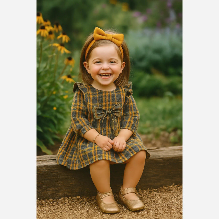 پیراهن کشمیر چهارخونه پاپیونی دخترانه بچگانه 1 تا 4 سال