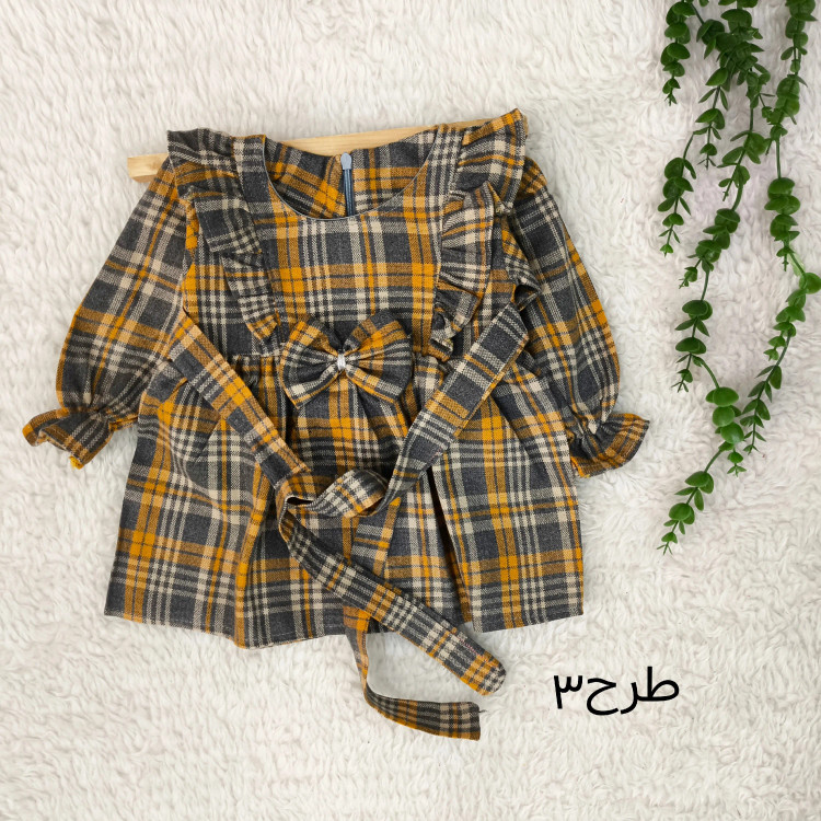 پیراهن کشمیر چهارخونه پاپیونی دخترانه بچگانه 1 تا 4 سال