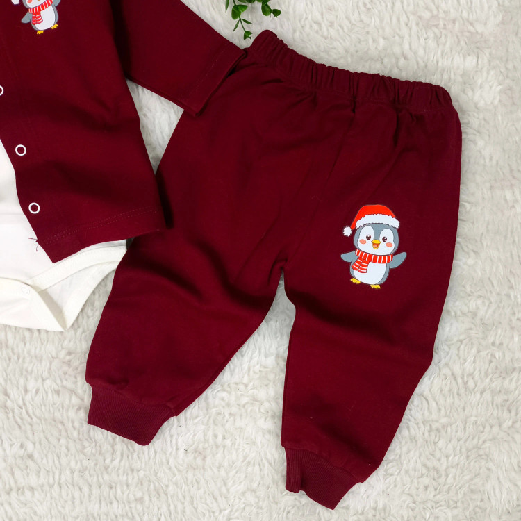 سه تکه بلوز شلوار و بادی نوزادی دخترانه پسرانه ست یلدایی پنگوئن