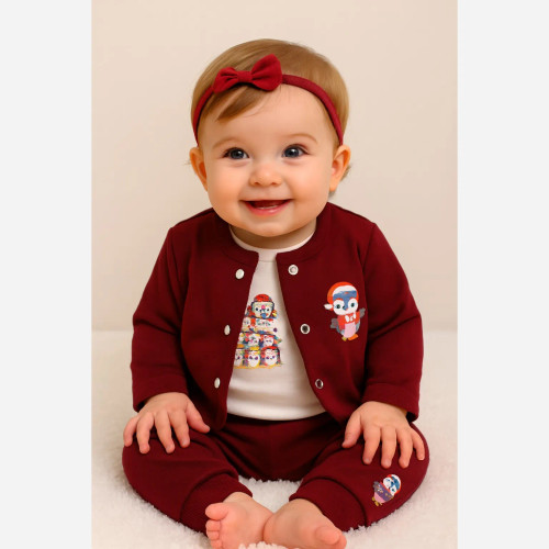 سه تکه بلوز شلوار و بادی نوزادی دخترانه پسرانه ست یلدایی پنگوئن