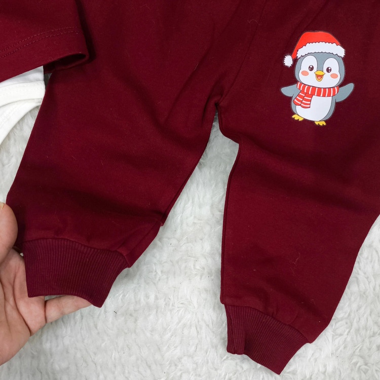 سه تکه بلوز شلوار و بادی نوزادی دخترانه پسرانه ست یلدایی پنگوئن