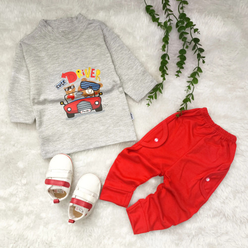 ست بلوز شلوار نوزادی طرح خرس راننده | پنبه و ملانژ | مناسب 6 تا 24 ماه