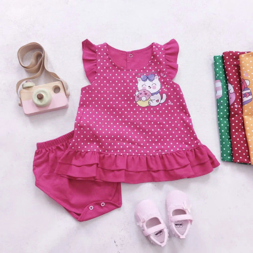 ست سارافون و شورت گربه دخترانه | کتان نخ | چهار رنگ | مناسب 1 تا 3 سال