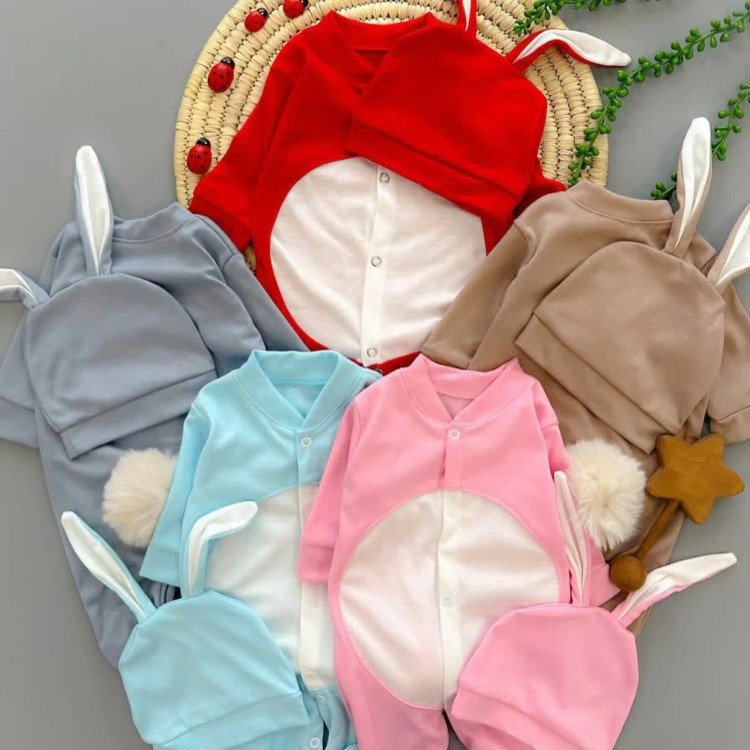 سرهمی و کلاه خرگوشی پوم دار نوزاد | مناسب عکاسی ماهگرد و آتلیه | پنبه نرم و لطیف | سایز 1-2 ماه و 2-4 ماه