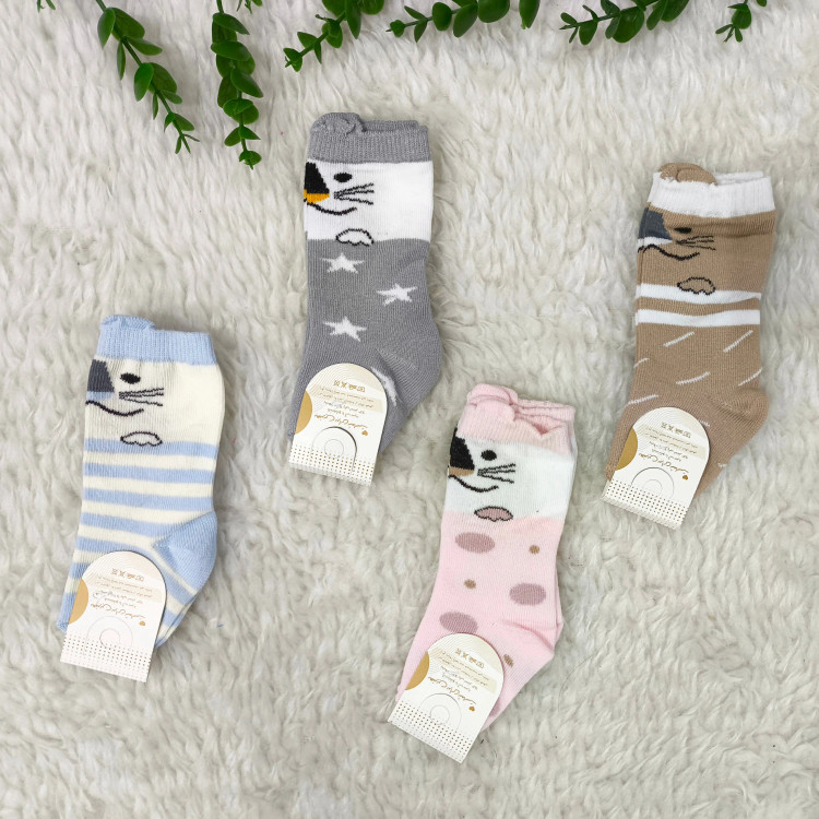 جوراب ساق بلند نوزاد طرح گربه | پنبه صد درصد | سایز 0 تا 6 ماه