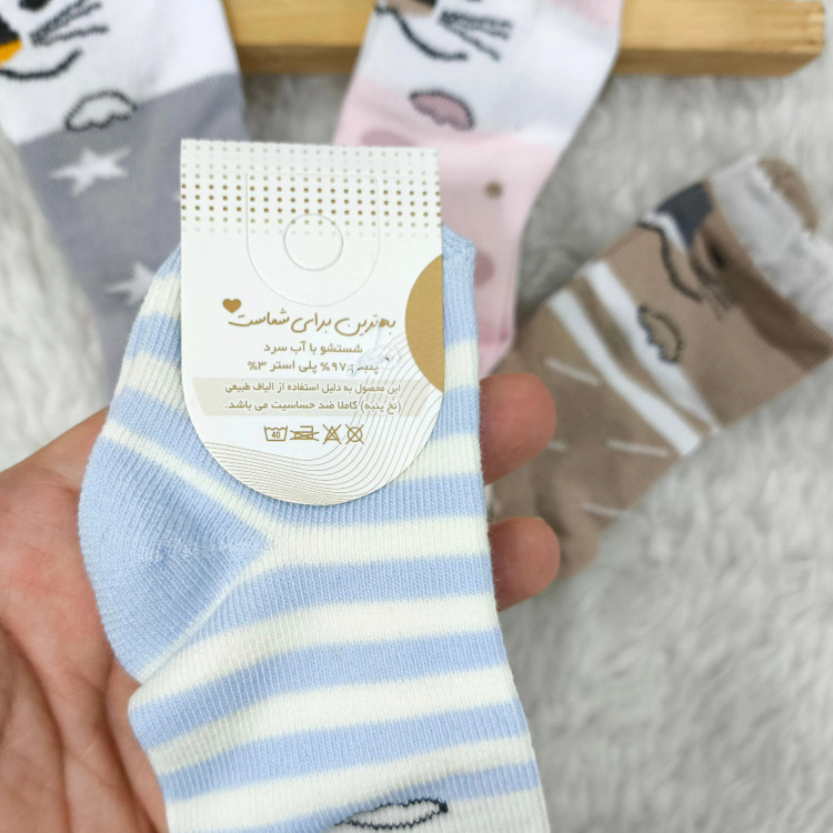 جوراب ساق بلند نوزاد طرح گربه | پنبه صد درصد | سایز 0 تا 6 ماه