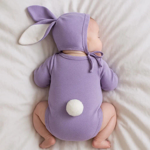 بادی و کلاه کبریتی خرگوشی نوزادی | جنس پنبه | مناسب 3 تا 12 ماه