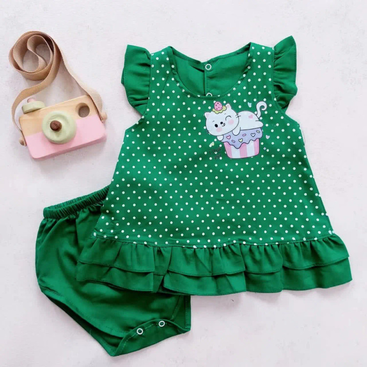 ست سارافون و شورت گربه دخترانه | کتان نخ | چهار رنگ | مناسب 1 تا 3 سال