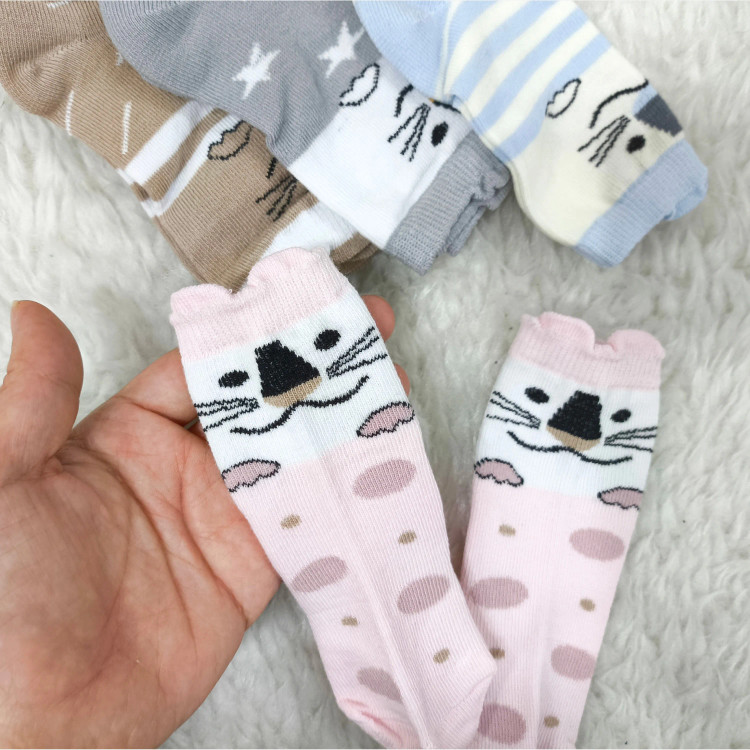 جوراب ساق بلند نوزاد طرح گربه | پنبه صد درصد | سایز 0 تا 6 ماه