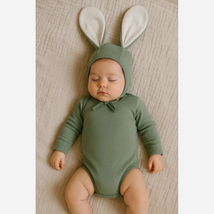 بادی و کلاه کبریتی خرگوشی نوزادی | جنس پنبه | مناسب 3 تا 12 ماه