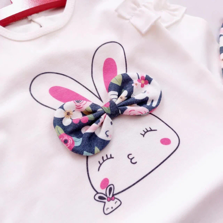 بلوز شلوار نوزادی طرح خرگوش پاپیون برجسته جنس پنبه لطیف سایز 3 تا 36 ماه