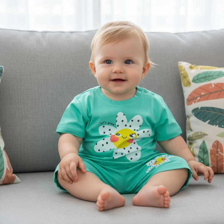 تیشرت و شورتک بچگانه طرح بابونه خندان | جنس پنبه سوپر | سایز بندی 35 و 40