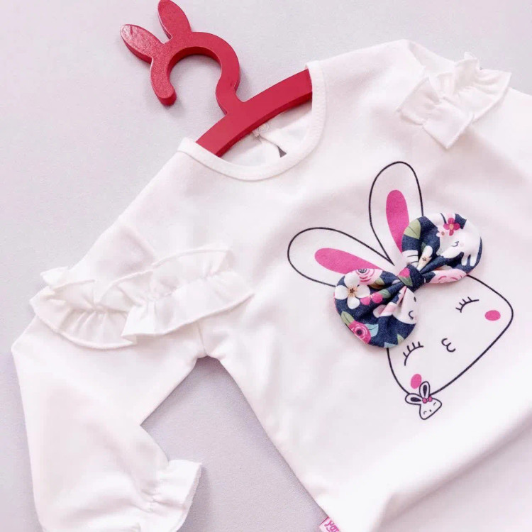 بلوز شلوار نوزادی طرح خرگوش پاپیون برجسته جنس پنبه لطیف سایز 3 تا 36 ماه