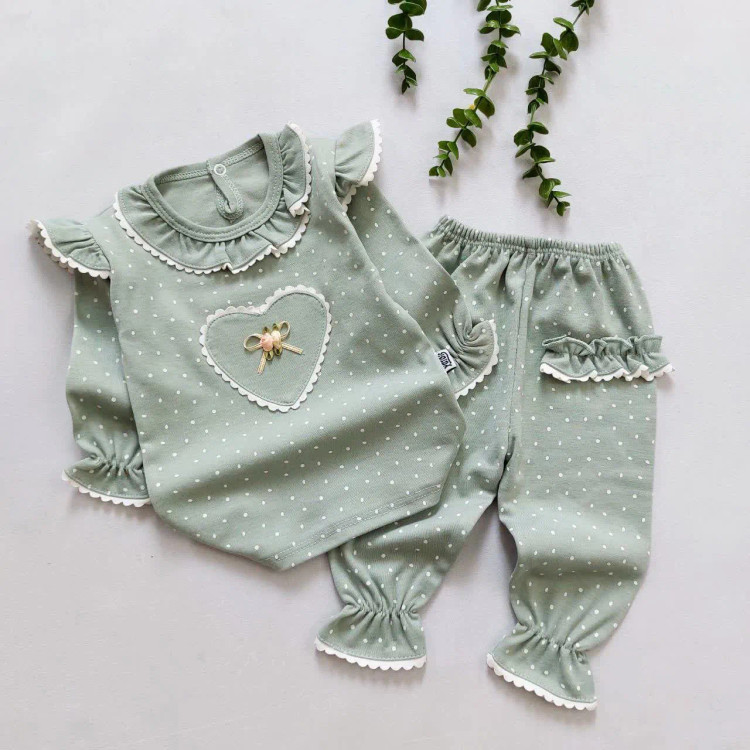 بلوز شلوار نوزادی دخترانه طرح خالدار سبز پنبه اعلا 3 ماه تا 3 سال