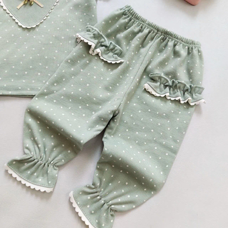 بلوز شلوار نوزادی دخترانه طرح خالدار سبز پنبه اعلا 3 ماه تا 3 سال