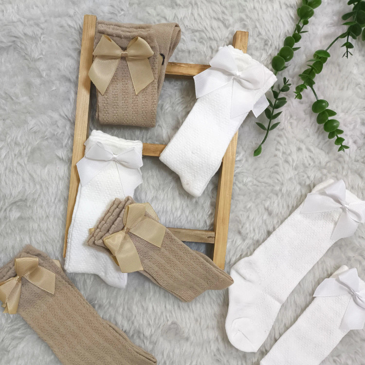 جوراب نیم ساق گندمی پاپیونی نخی پنبه اعلا دخترانه | مناسب 6 ماه تا 6 سال