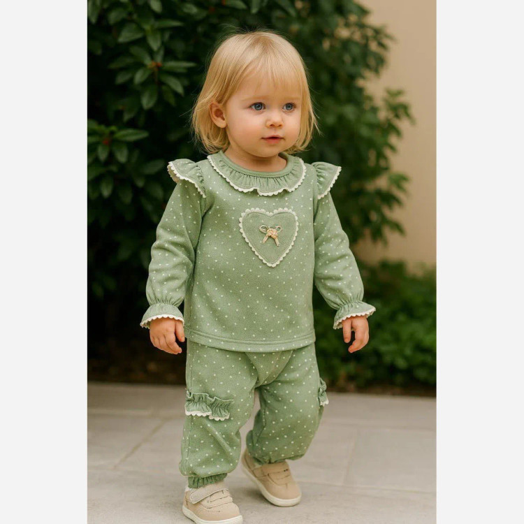 بلوز شلوار نوزادی دخترانه طرح خالدار سبز پنبه اعلا 3 ماه تا 3 سال
