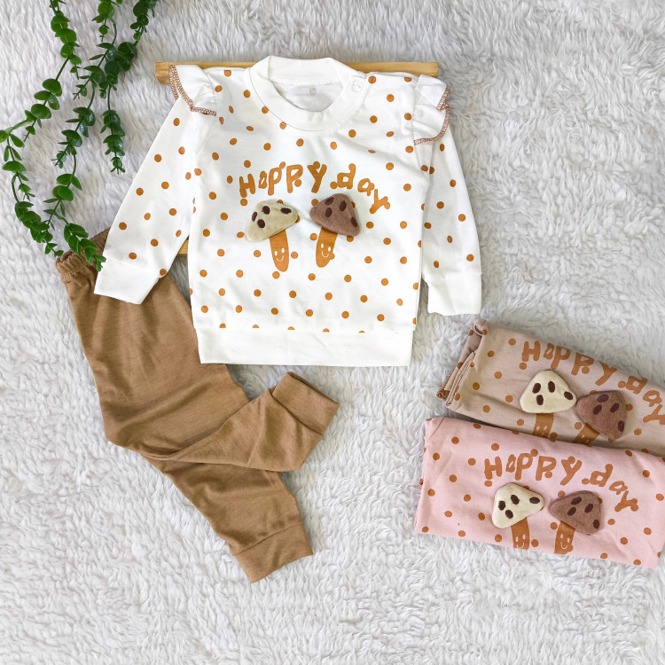 بلوز شلوار دخترانه طرح قارچ برجسته، جنس پنبه، مناسب 3 ماه تا 2 سال