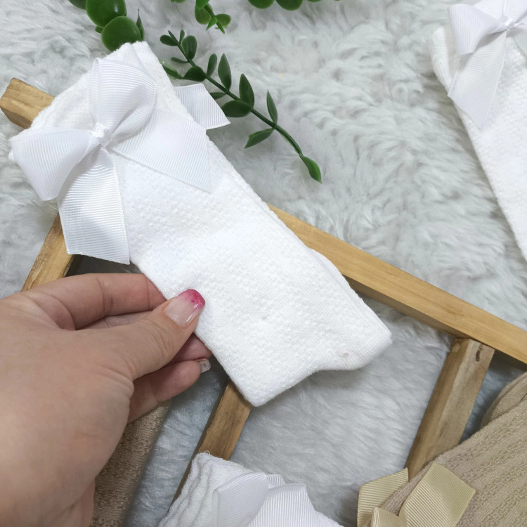 جوراب نیم ساق گندمی پاپیونی نخی پنبه اعلا دخترانه | مناسب 6 ماه تا 6 سال