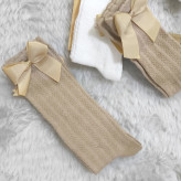 جوراب نیم ساق گندمی پاپیونی نخی پنبه اعلا دخترانه | مناسب 6 ماه تا 6 سال