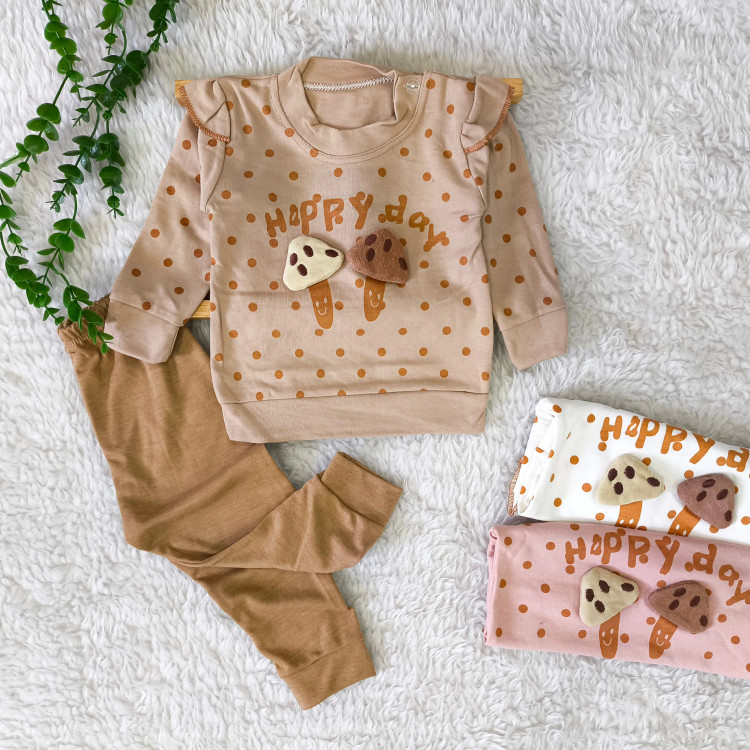 بلوز شلوار دخترانه طرح قارچ برجسته، جنس پنبه، مناسب 3 ماه تا 2 سال