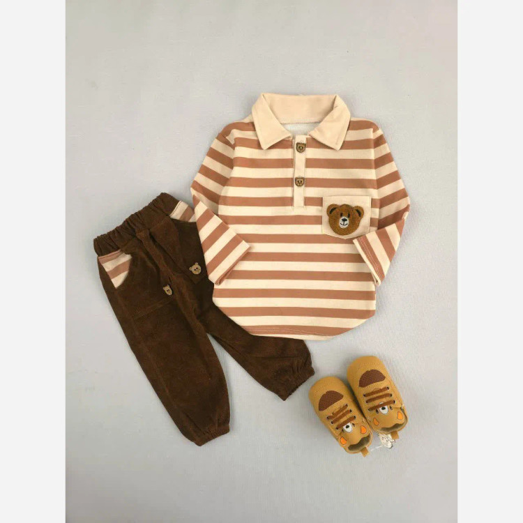 بلوز شلوار راه راه تدی دخترانه و پسرانه جنس پنبه و مخمل کبریتی سایز 6 ماه تا 3 سال