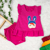 سارافون و شورت نوزادی دخترانه طرح خال خالی جنس کتان نخ خنک و لطیف در چهار رنگ و دو سایز