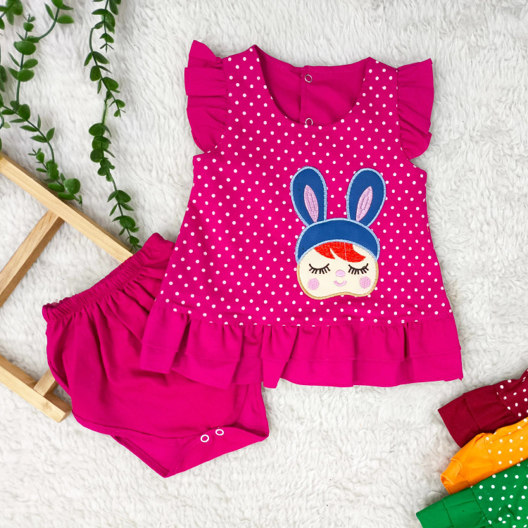 سارافون و شورت نوزادی دخترانه طرح خال خالی جنس کتان نخ خنک و لطیف در چهار رنگ و دو سایز