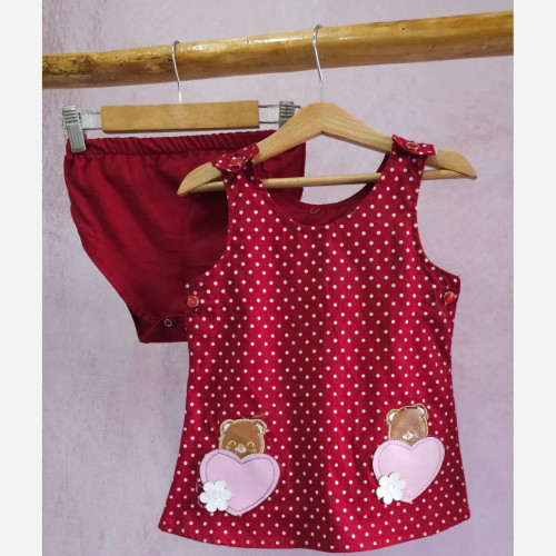 سارافون شورت نخی خرس و قلب چهار رنگ مناسب 1 تا 3 سال