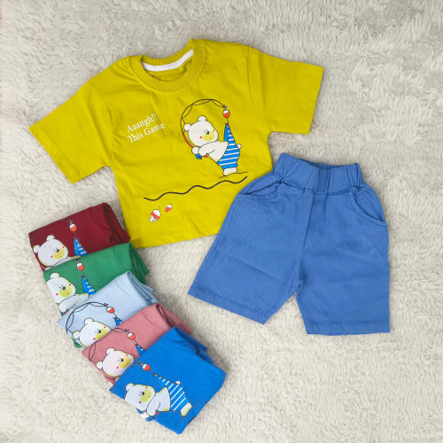 تیشرت و شورتک پسرانه طرح لی خرس ماهیگیر پنبه سوپر و کتان شست شده