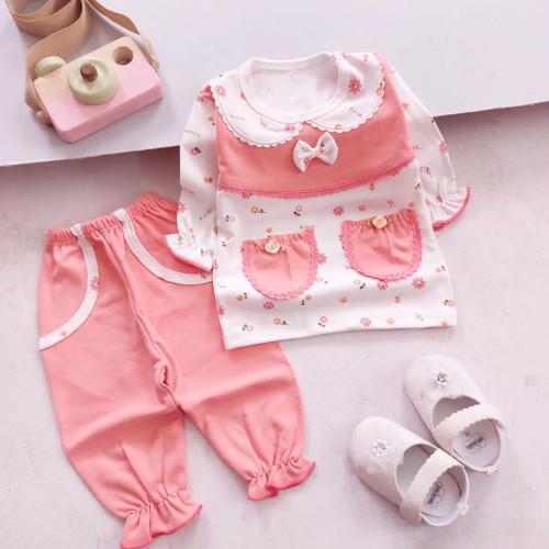 بلوز شلوار نوزادی دخترانه گلبهی پنبه لطیف سایز بندی 5 سایز