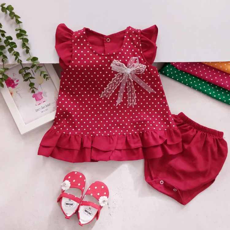 سارافون و شورت نخی دخترانه خال خالی | مناسب 1 تا 3 سال