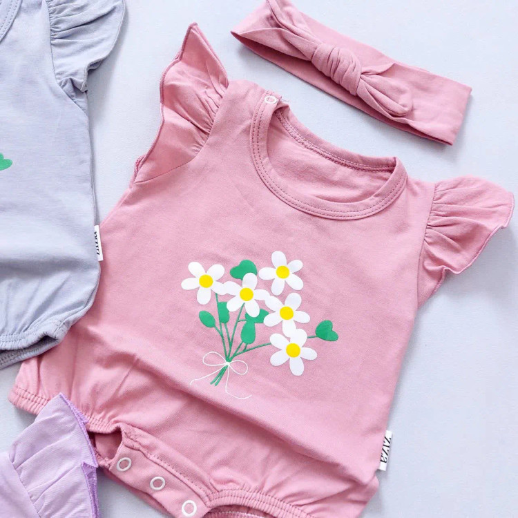 رامپر و هدبند نوزاد دخترانه پنبه ای طرح شکوفه، سایز 0 تا 8 ماه، چهار رنگ