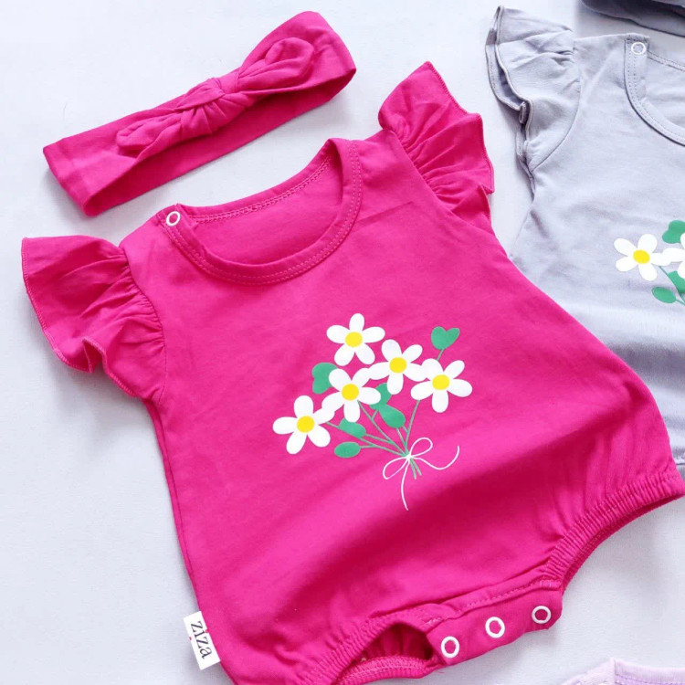 رامپر و هدبند نوزاد دخترانه پنبه ای طرح شکوفه، سایز 0 تا 8 ماه، چهار رنگ