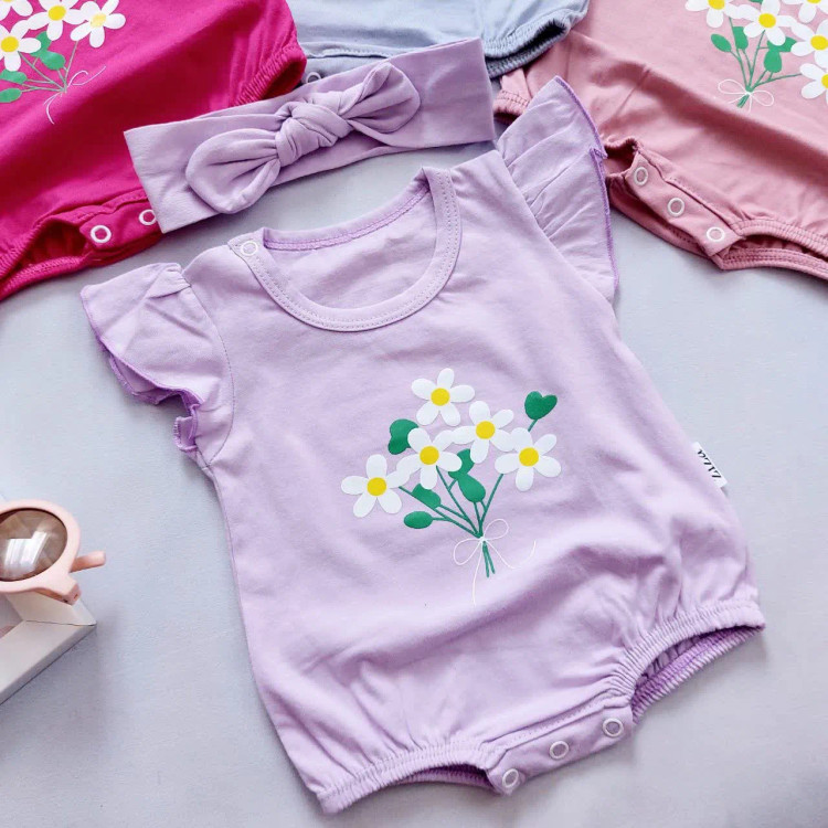 رامپر و هدبند نوزاد دخترانه پنبه ای طرح شکوفه، سایز 0 تا 8 ماه، چهار رنگ