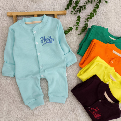 سرهمی کبریتی نوزادی Hello | پنبه کشسانی بالا | دستکش دار | سایز 3 تا 9 ماه