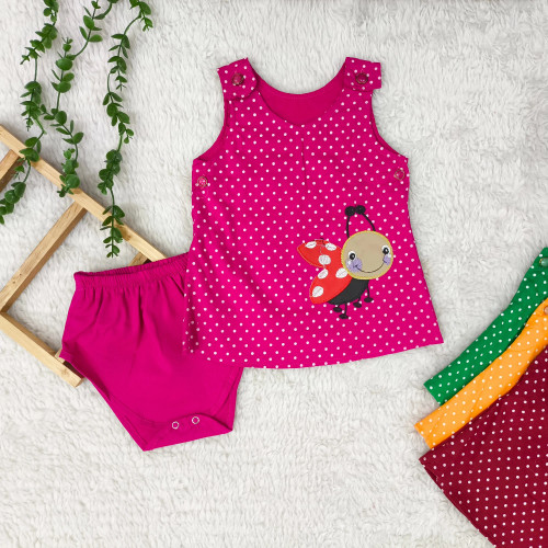 سارافون و شورت نوزاد دخترانه طرح کفشدوزک | جنس کتان نخ خنک | سایز 6 ماه تا 2 سال