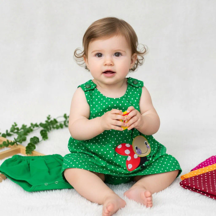 سارافون و شورت نوزاد دخترانه طرح کفشدوزک | جنس کتان نخ خنک | سایز 6 ماه تا 2 سال