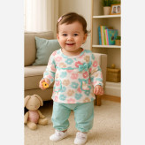 بلوز شلوار نوزادی پنبه ای طرح شکوفه سبز | سایز 3 ماه تا 2.5 سال