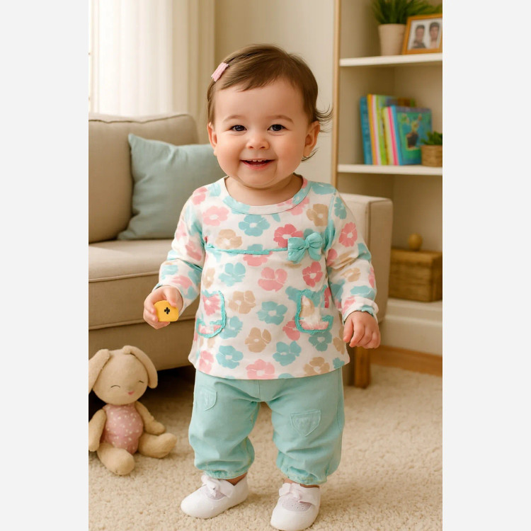بلوز شلوار نوزادی پنبه ای طرح شکوفه سبز | سایز 3 ماه تا 2.5 سال
