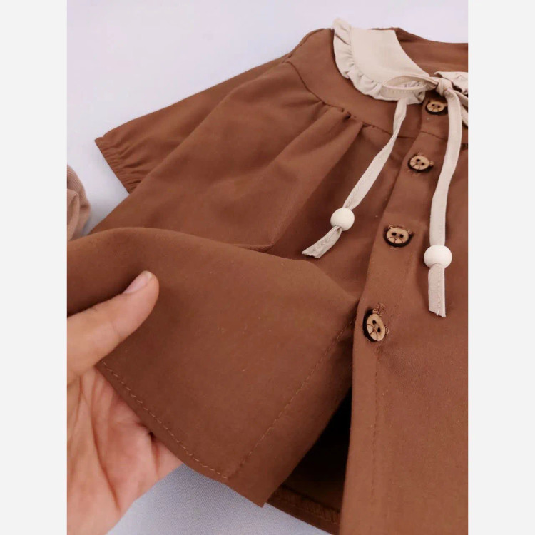 پیراهن نخی دخترانه یقه ب ب آستین بلند مناسب 6 ماه تا 3 سال