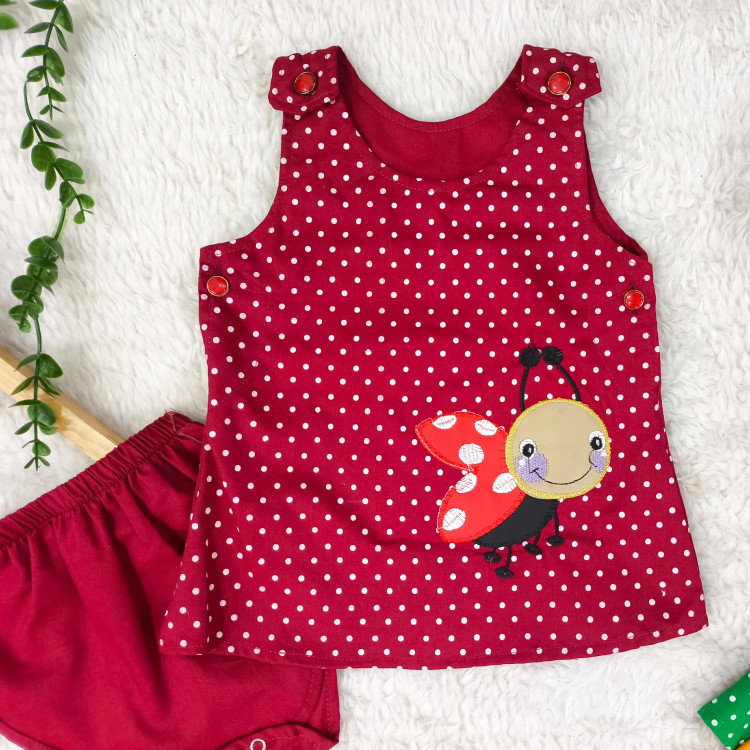 سارافون و شورت نوزاد دخترانه طرح کفشدوزک | جنس کتان نخ خنک | سایز 6 ماه تا 2 سال